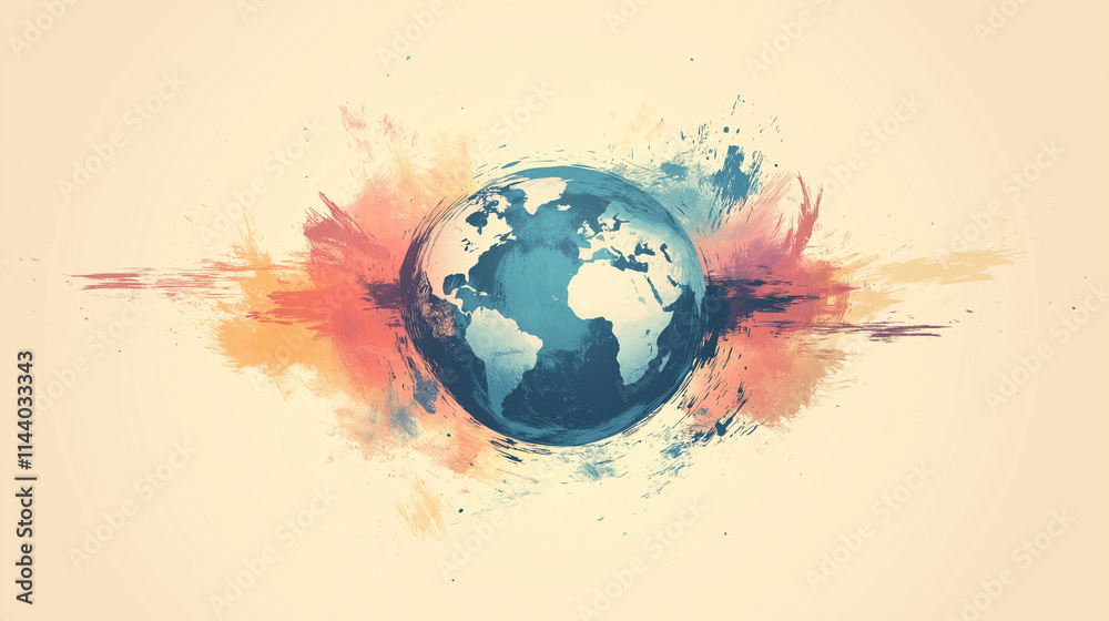 Hand-Drawn Sketch Of The Earth With Arrows Indicating Global Travel And Business Connections, Set Against A Softly Blurred Background, Featuring Muted Earth Tones And Pastel Highlights. Hand-Drawn Sketch Of The Earth With Arrows Indicating Global Travel And Business Connections, Set Against A Softly Blurred Background, Featuring Muted Earth Tones And Pastel Highlights.