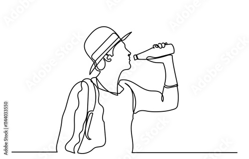 One continuous line drawing of a young man drinking water from a bottle. line-art sporty boy drinking water. Healthy life habits of people, health benefit dehydration prevention concept vector.