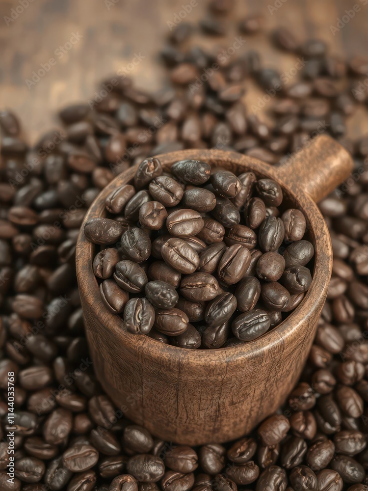 Fototapeta premium Dark roasted coffee beans overflowing from a rustic wooden cup, shadows, robusta, arabica