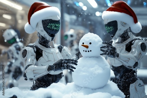 Robots with Santa Hats Building a Snowman Festive AI Winter Scene in a Futuristic Setting