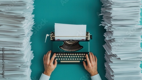 Personal Goals. Vintage typewriter surrounded by stacks of paper on a teal background.