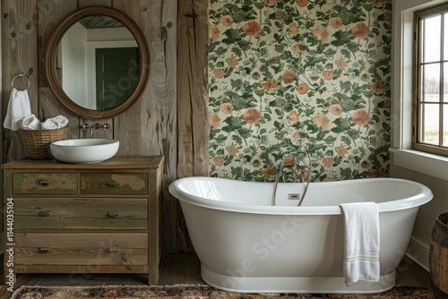 Charming rustic modern farmhouse bathroom design featuring cozy elements in a small cottage space