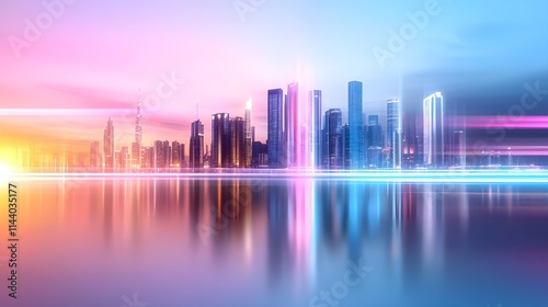 A digital artwork using chrome effects to depict a futuristic city skyline under a neon-lit sky