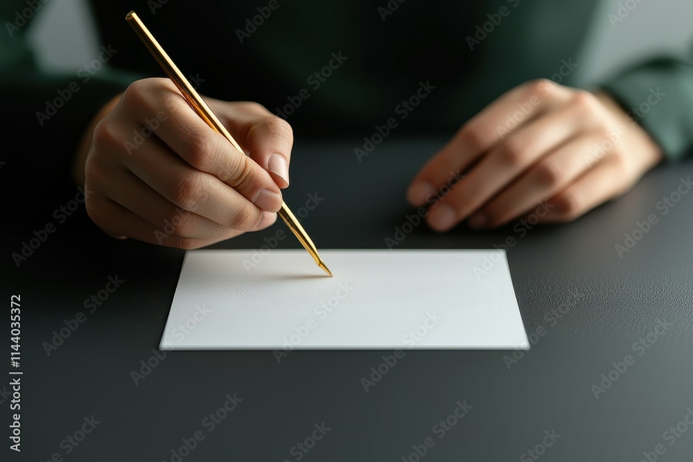 A person writing elegantly with a golden pen on a blank sheet of paper. A person writing elegantly with a golden pen on a blank sheet of paper.