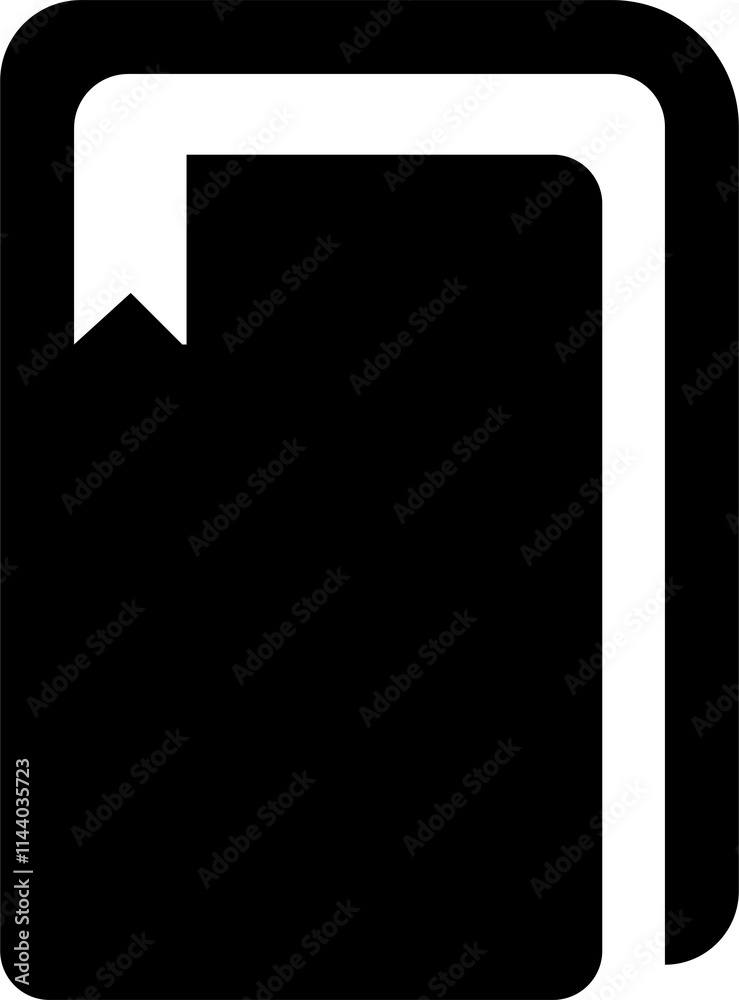 Black and white icon of a book with a bookmark. The book is represented as a rectangular shape with a curved corner on the top right. The bookmark is depicted as a small triangular shape protruding fr Black and white icon of a book with a bookmark. The book is represented as a rectangular shape with a curved corner on the top right. The bookmark is depicted as a small triangular shape protruding fr