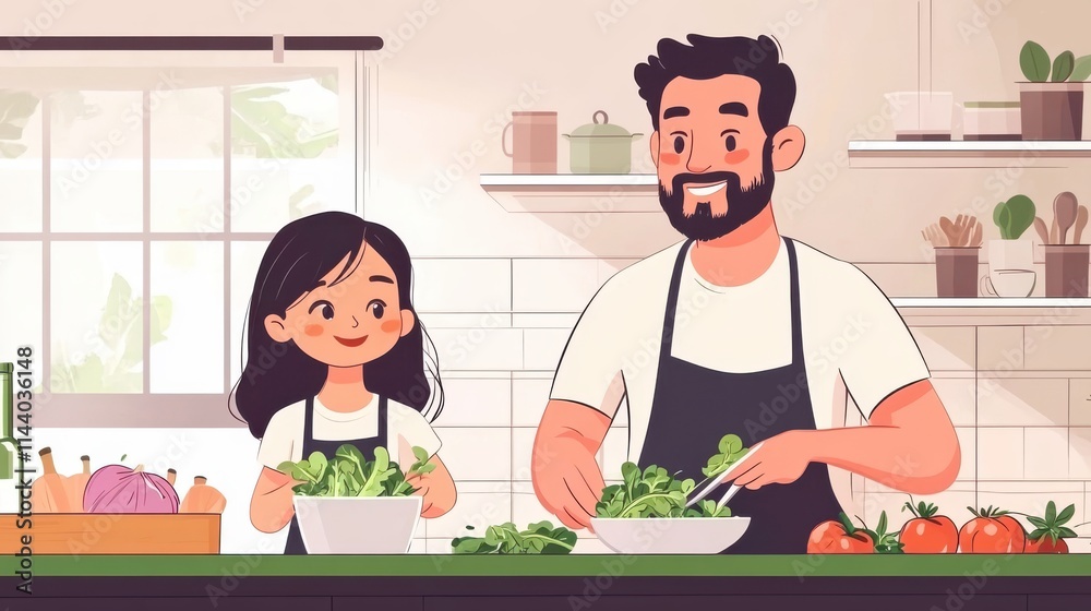 A father and daughter cooking together in a bright kitchen. They prepare a healthy salad with fresh greens and vegetables for a joyful meal. Family bonds grow through cooking. A father and daughter cooking together in a bright kitchen. They prepare a healthy salad with fresh greens and vegetables for a joyful meal. Family bonds grow through cooking.