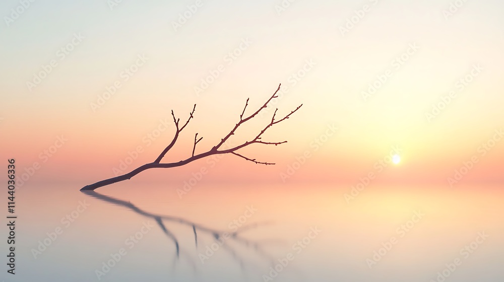 Branch Reflecting Calmly During Glowing Sunset Wide Shot Photo. AI Generated Branch Reflecting Calmly During Glowing Sunset Wide Shot Photo. AI Generated