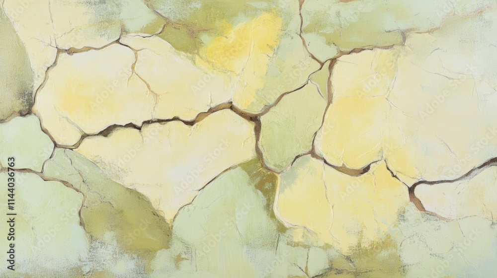 Obraz premium Cracked, sun-baked textures in soft yellow, sandy beige, and muted green tones evoke the natural weathering of dried earth, blending rustic roughness with organic warmth.