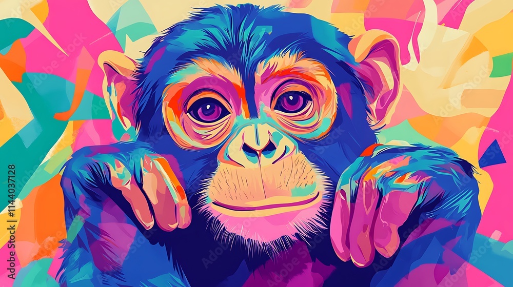 Obraz premium Vividly painted monkey digital art bright abstract background. AI Generated