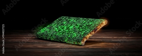 A glowing green object on a wooden surface, creating a captivating contrast against a dark background.