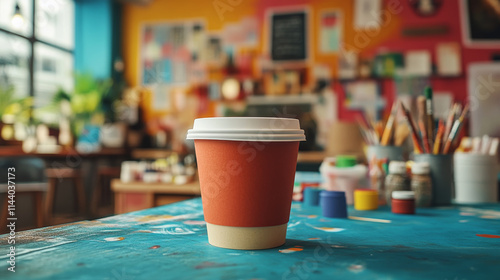 A takeaway coffee cup sits on a teal-colored table in a colorful art studio, surrounded by paint supplies and a blurred background.