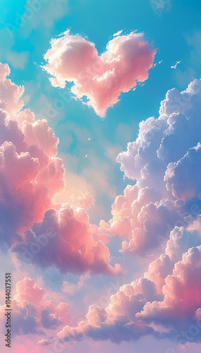 Clouds forming a romantic heart shape under a bright blue sky at sunset