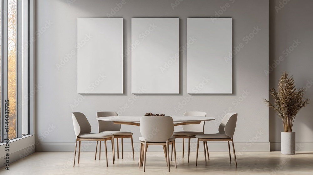 Modern dining area featuring a round table and elegant neutral chairs in a sunlit, minimalist space. Modern dining area featuring a round table and elegant neutral chairs in a sunlit, minimalist space.