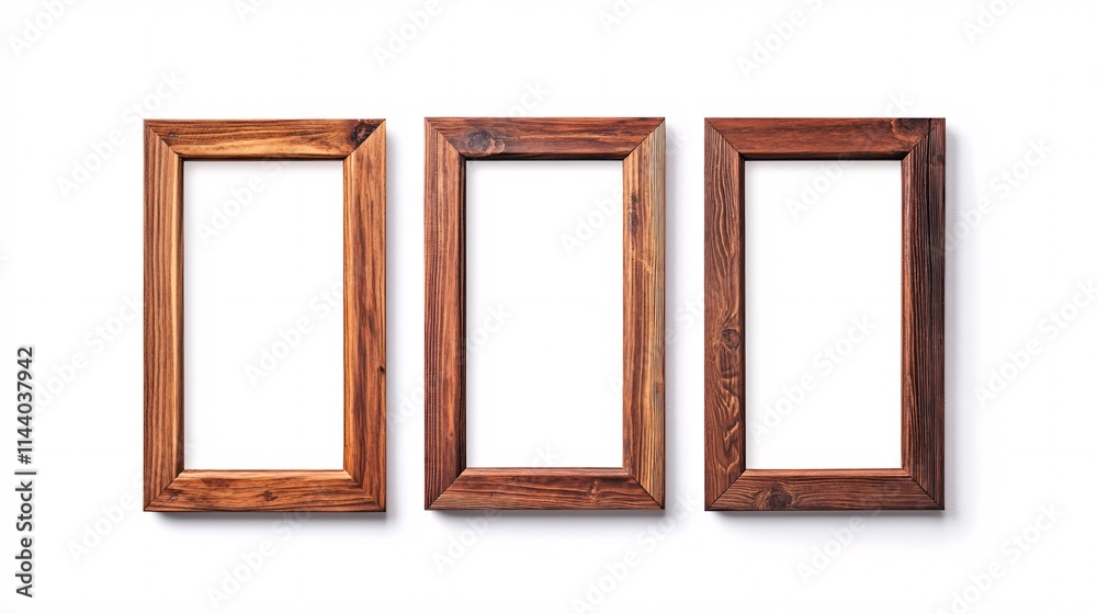 Three empty wooden frames arranged in a row, ready for your creative artwork. Three empty wooden frames arranged in a row, ready for your creative artwork.