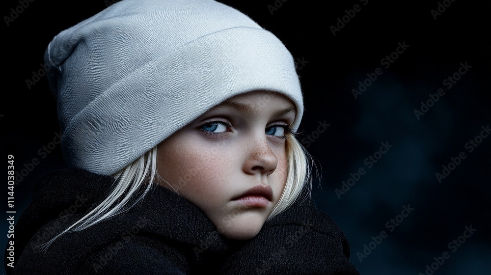 Innocence in the Winter's Embrace: A young girl with piercing blue eyes gazes intensely, her blonde hair peeking out from under a white beanie. The dark background adds depth and mystery. Innocence in the Winter's Embrace: A young girl with piercing blue eyes gazes intensely, her blonde hair peeking out from under a white beanie. The dark background adds depth and mystery.
