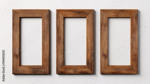 Three empty wooden photo frames arranged in a row against a white background. photo