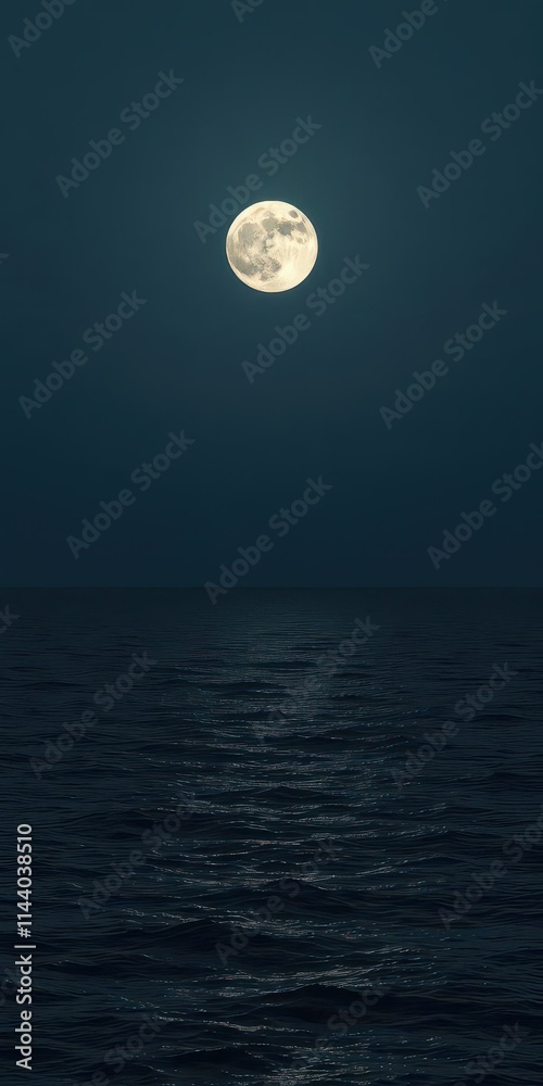 Full moon ascends over a tranquil, dark ocean; vast, empty horizon, astronomy, dark, picture Full moon ascends over a tranquil, dark ocean; vast, empty horizon, astronomy, dark, picture