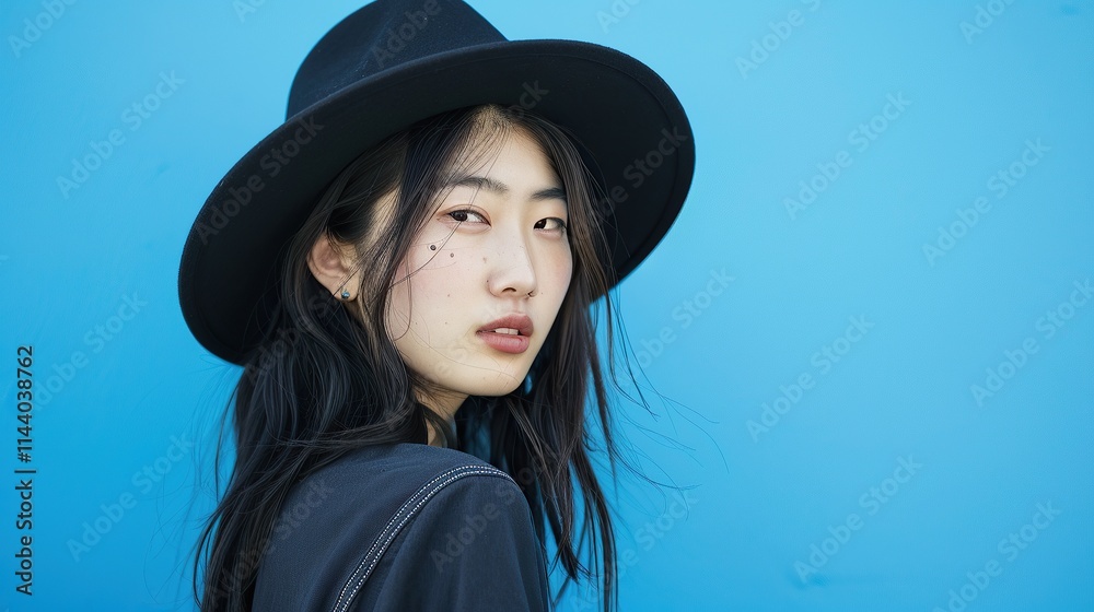 Young Woman in a Black Hat Against a Blue Wall Young Woman in a Black Hat Against a Blue Wall