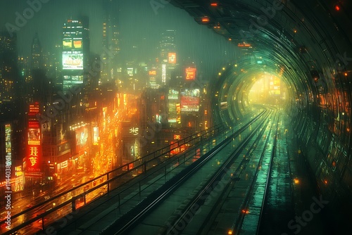 A cyberpunk city at night, rain falling on train tracks leading into a brightly lit tunnel. photo