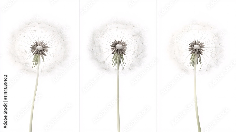 custom made wallpaper toronto digitalThree delicate dandelion puffballs on white background, showcasing their ethereal beauty and intricate details.