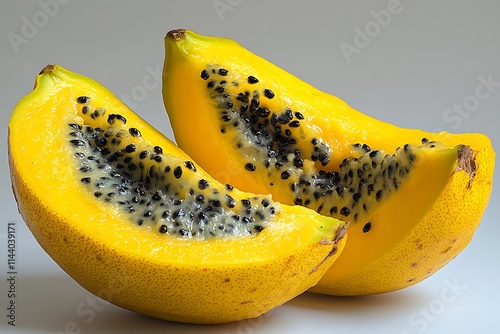 Two slices of ripe, juicy babaco fruit showcasing its vibrant yellow flesh and black seeds. photo