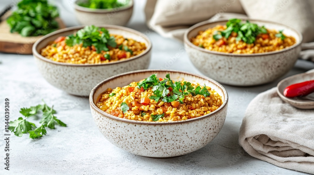 Close-up of vibrant bowls of bulgur wheat salad, garnished with fresh herbs, showcasing healthy, colorful ingredients. Close-up of vibrant bowls of bulgur wheat salad, garnished with fresh herbs, showcasing healthy, colorful ingredients.