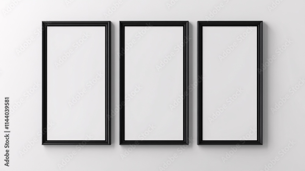 Three empty black frames on a white wall ready for artwork or photos. Three empty black frames on a white wall ready for artwork or photos.