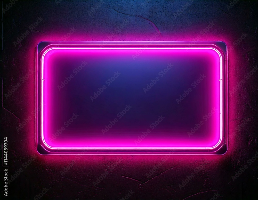 A vibrant pink neon rectangular frame glowing against a textured dark wall, creating a futuristic and moody atmosphere. A vibrant pink neon rectangular frame glowing against a textured dark wall, creating a futuristic and moody atmosphere.