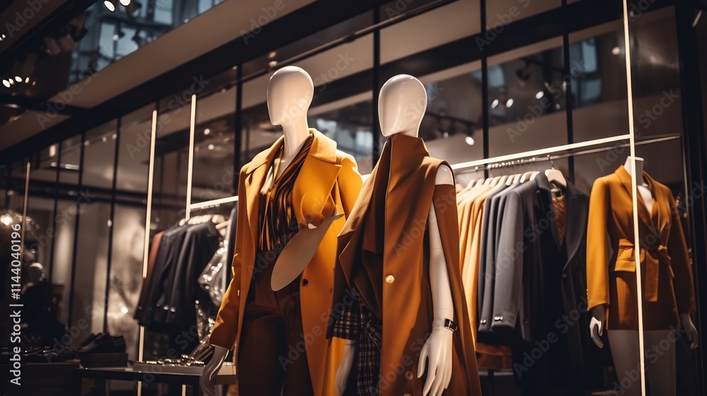 Elegant mannequin displays showcasing trendy fashion and accessories with lighting and design in a high end luxury retail store setting Elegant mannequin displays showcasing trendy fashion and accessories with lighting and design in a high end luxury retail store setting