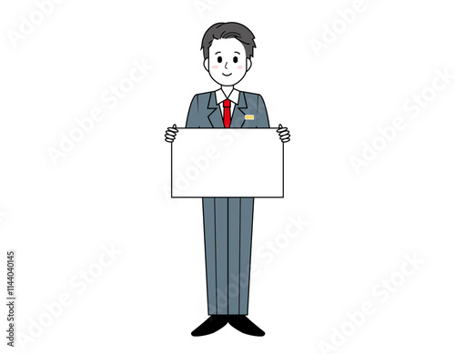 接客をする男性販売員のイラスト　男性のビジネスマンの全身イラスト