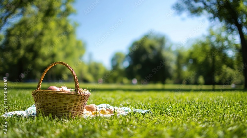 Picnic basket with eggs on green grass in sunny park. Picnic basket with eggs on green grass in sunny park.