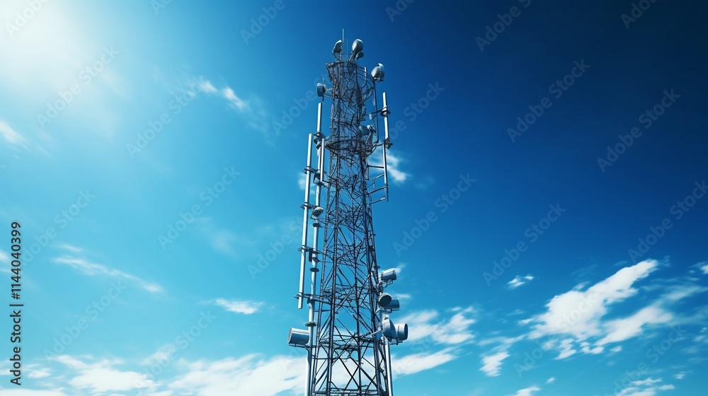 Tall Telecommunications Tower with Multiple Antennas and Satellite Dishes Against a Clear Blue Sky Representing Advanced Communication Infrastructure and Wireless Technology Tall Telecommunications Tower with Multiple Antennas and Satellite Dishes Against a Clear Blue Sky Representing Advanced Communication Infrastructure and Wireless Technology