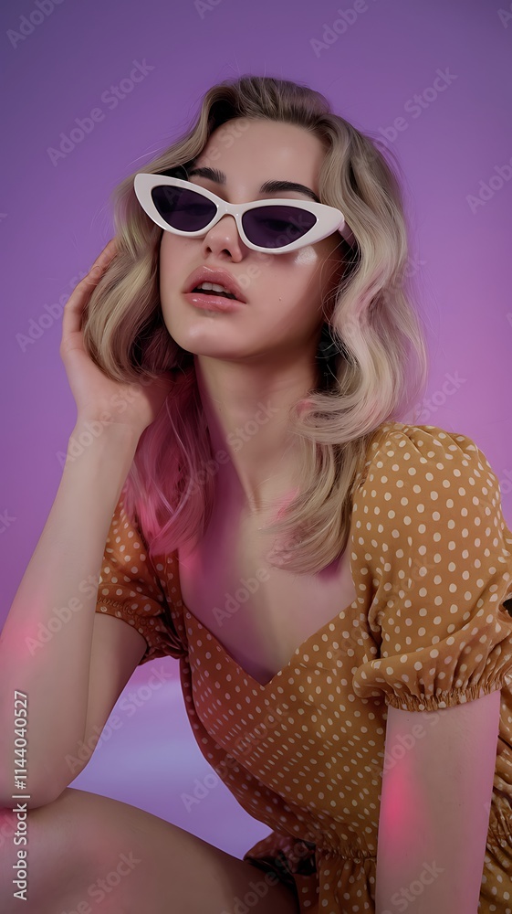 A young blonde woman in a mustard polka dot dress and white cat-eye sunglasses poses against a purple background, blending a playful, fashion-forward, and subtly sensual vibe with soft lighting A young blonde woman in a mustard polka dot dress and white cat-eye sunglasses poses against a purple background, blending a playful, fashion-forward, and subtly sensual vibe with soft lighting
