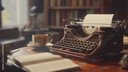 Vintage Typewriter and Coffee Cup in a Writer's Cozy Study Nook