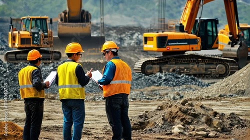 Construction Site Teamwork:  Three construction workers in hard hats and vests stand in front of heavy construction machinery, discussing plans and overseeing the project.