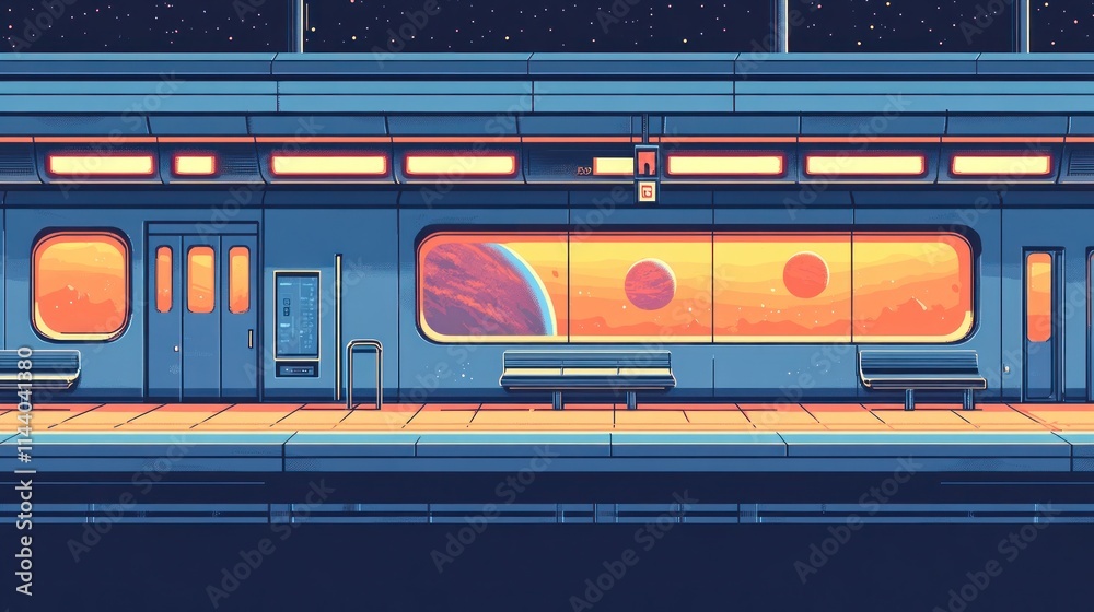 Futuristic space train station platform at night with vibrant planets visible through large windows. Futuristic space train station platform at night with vibrant planets visible through large windows.
