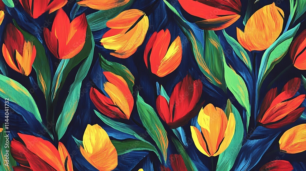 Vibrant tulips intensely painted, dark background, abstract digital art. AI Generated Vibrant tulips intensely painted, dark background, abstract digital art. AI Generated