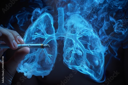 Visual representation of smoking  a smoker s hand with a cigarette beside lungs filled with smoke photo