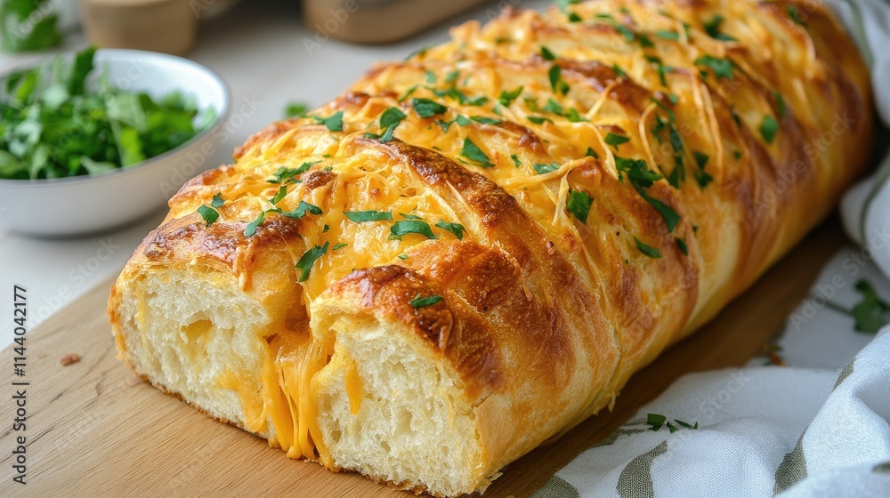 Baked cheddar cheese loaf garnished with herbs on a wooden board in a bright kitchen setting Baked cheddar cheese loaf garnished with herbs on a wooden board in a bright kitchen setting