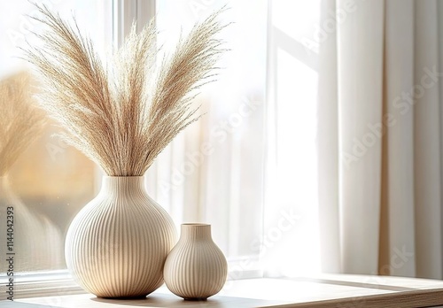 Beige ceramic vase with dried pampas grass on a table against a white wall and window in a living room photo