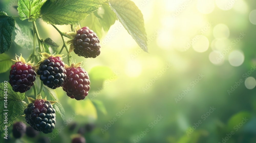 Ripe blackberries hanging from a branch surrounded by lush green leaves in a vibrant garden setting with soft natural sunlight Ripe blackberries hanging from a branch surrounded by lush green leaves in a vibrant garden setting with soft natural sunlight