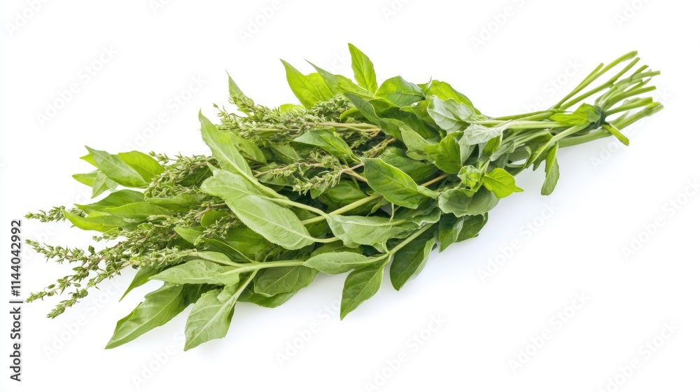 Fresh basil herb bundle with vibrant green leaves isolated on clean white background showcasing its natural beauty and culinary potential. Fresh basil herb bundle with vibrant green leaves isolated on clean white background showcasing its natural beauty and culinary potential.