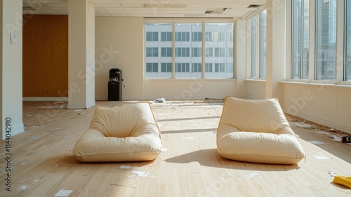 Empty office space featuring two casual chairs and large windows. photo