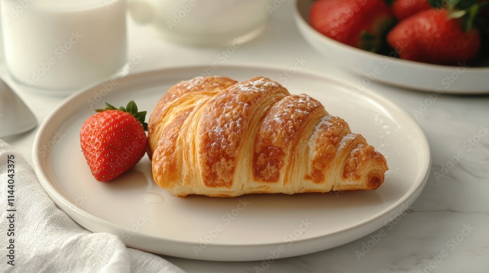 Homemade Croissant Waffle with Fresh Strawberry on White Plate Breakfast Setting with Milk and Clean Background Homemade Croissant Waffle with Fresh Strawberry on White Plate Breakfast Setting with Milk and Clean Background