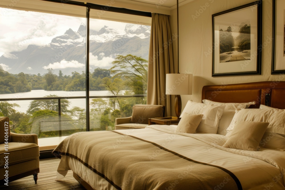 Fototapeta premium Luxurious hotel room with floor to ceiling windows revealing stunning snow capped mountains