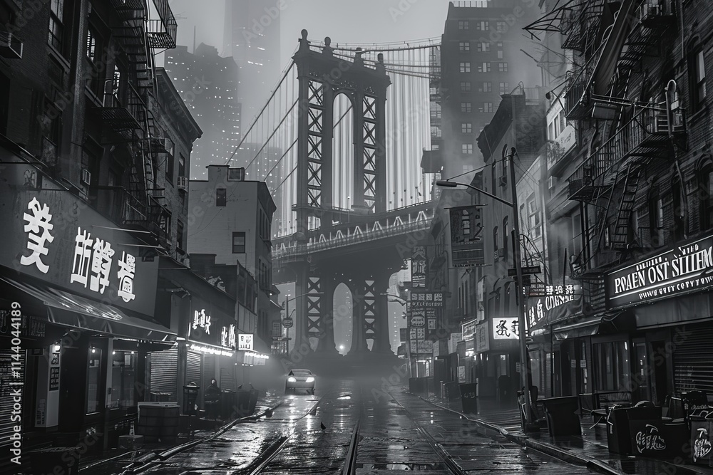 Obraz premium Atmospheric nighttime view of cortlandt alley in chinatown, new york city, in monochrome shades