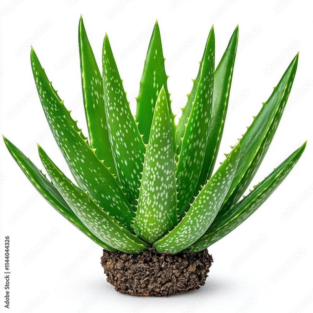 Fototapeta premium A photostock of fresh green aloe vera leaves fanned out symmetrically with visible gel, isolated on a clean white background, crisp and natural, High Quality