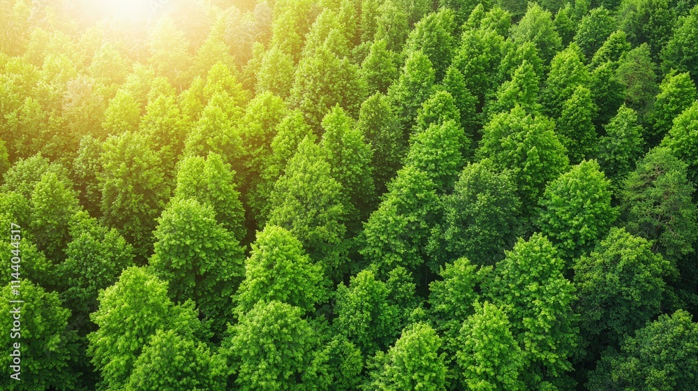 Aerial view of lush green forest in sunlight. Aerial view of lush green forest in sunlight.