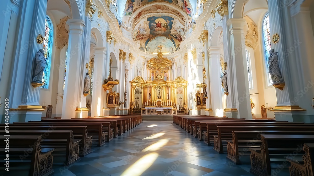 Fototapeta premium Sunlit church interior photo wide shot with ornate gold altar. AI Generated