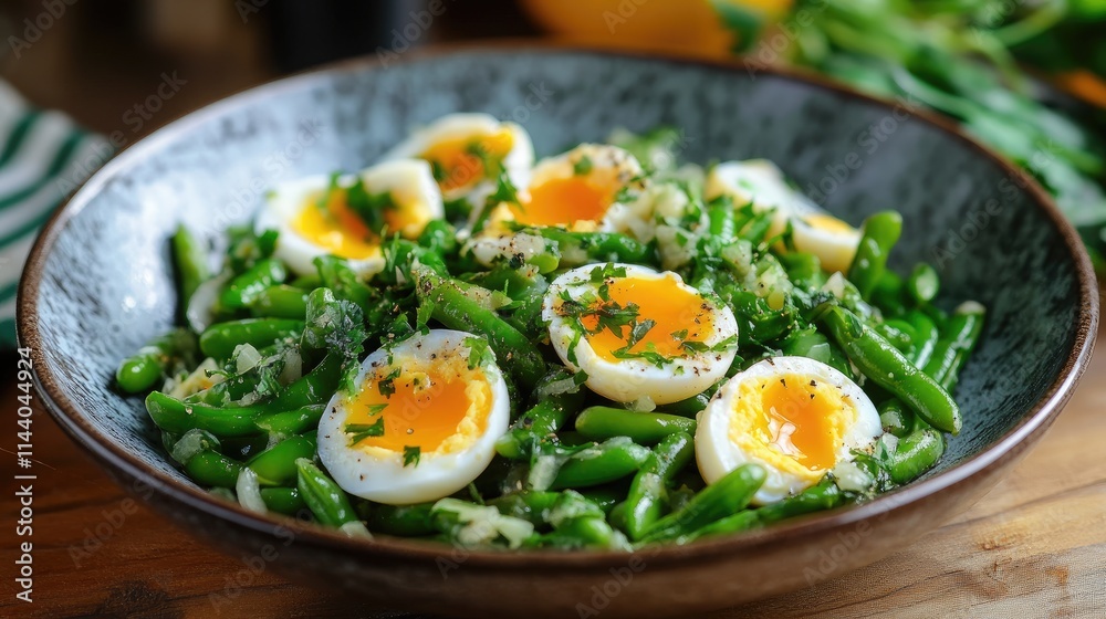 Healthy green beans salad with boiled eggs and fresh herbs on a rustic wooden table Healthy green beans salad with boiled eggs and fresh herbs on a rustic wooden table